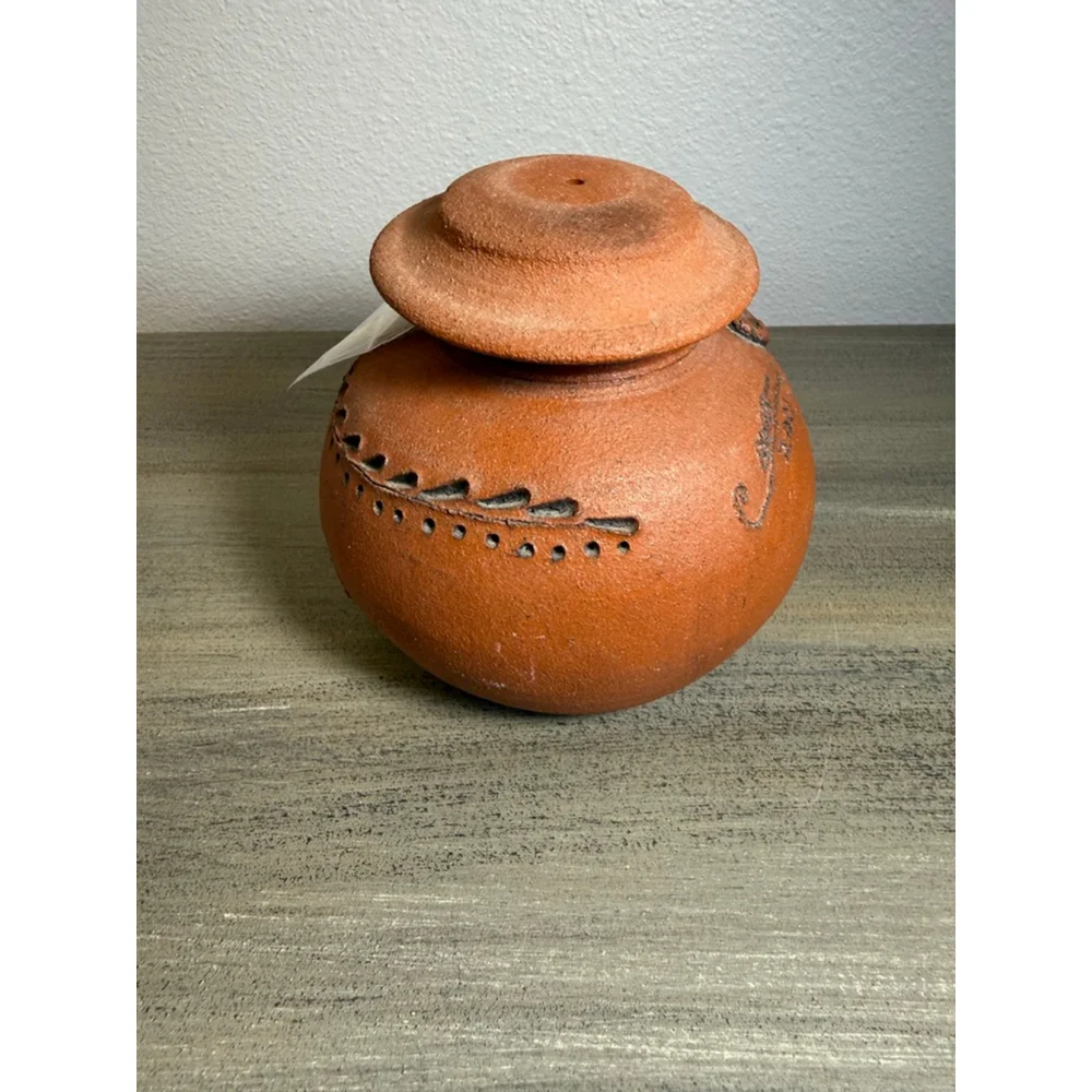Signed Studio Pottery Oil Lamp 2001 Handmade Terracotta Floral – Decorative Only
